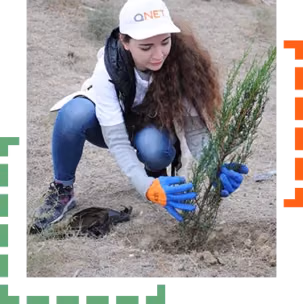 girl wearing qnet attire planting a sapling in dirt